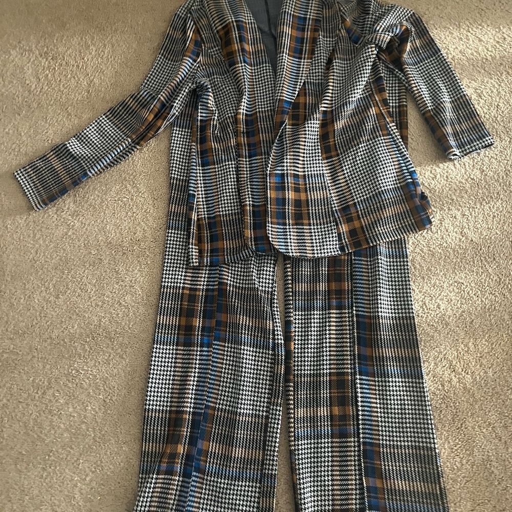 Fashion Nova Plaid Pantsuit in Black, Brown, and Blue